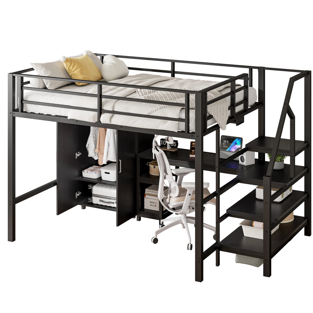 Letto a soppalco 140 × 200 cm con armadio; scrivania; ripiani e scala contenitore in metallo e MDF nero