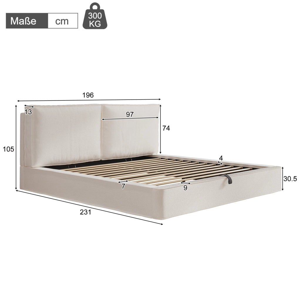 Letto matrimoniale imbottito YEAVIO 180x200 cm con contenitore idraulico e rete a doghe, beige bouclé