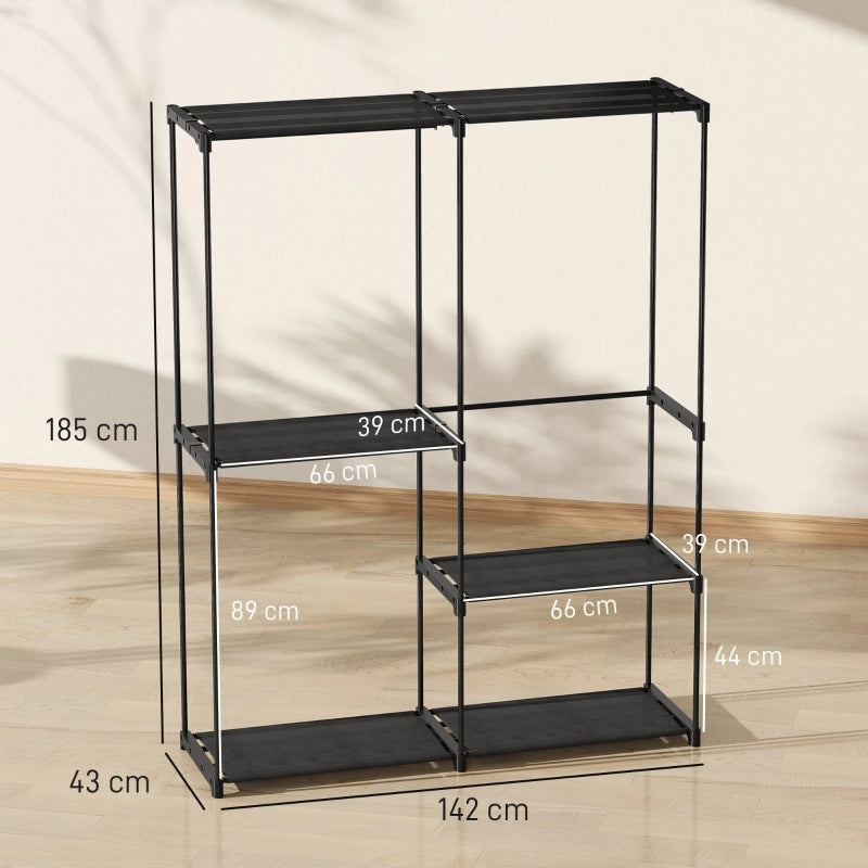 Guardaroba portatile con 4 ripiani e 3 zone appendiabiti in metallo nero per camera 142 × 43 × 185 cm