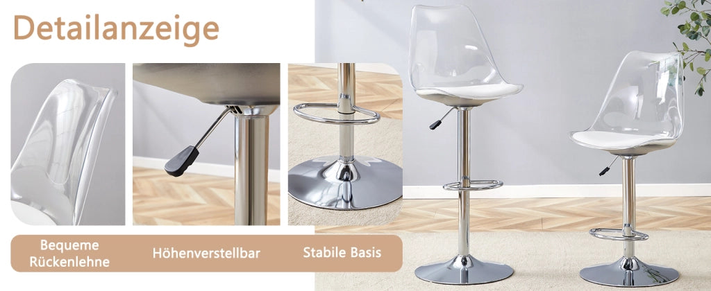 Set di 2 Sgabelli da Bar Regolabili con Schienale Trasparente, Seduta in PU Bianco e Gambe in Metallo Argento, 60-80 cm