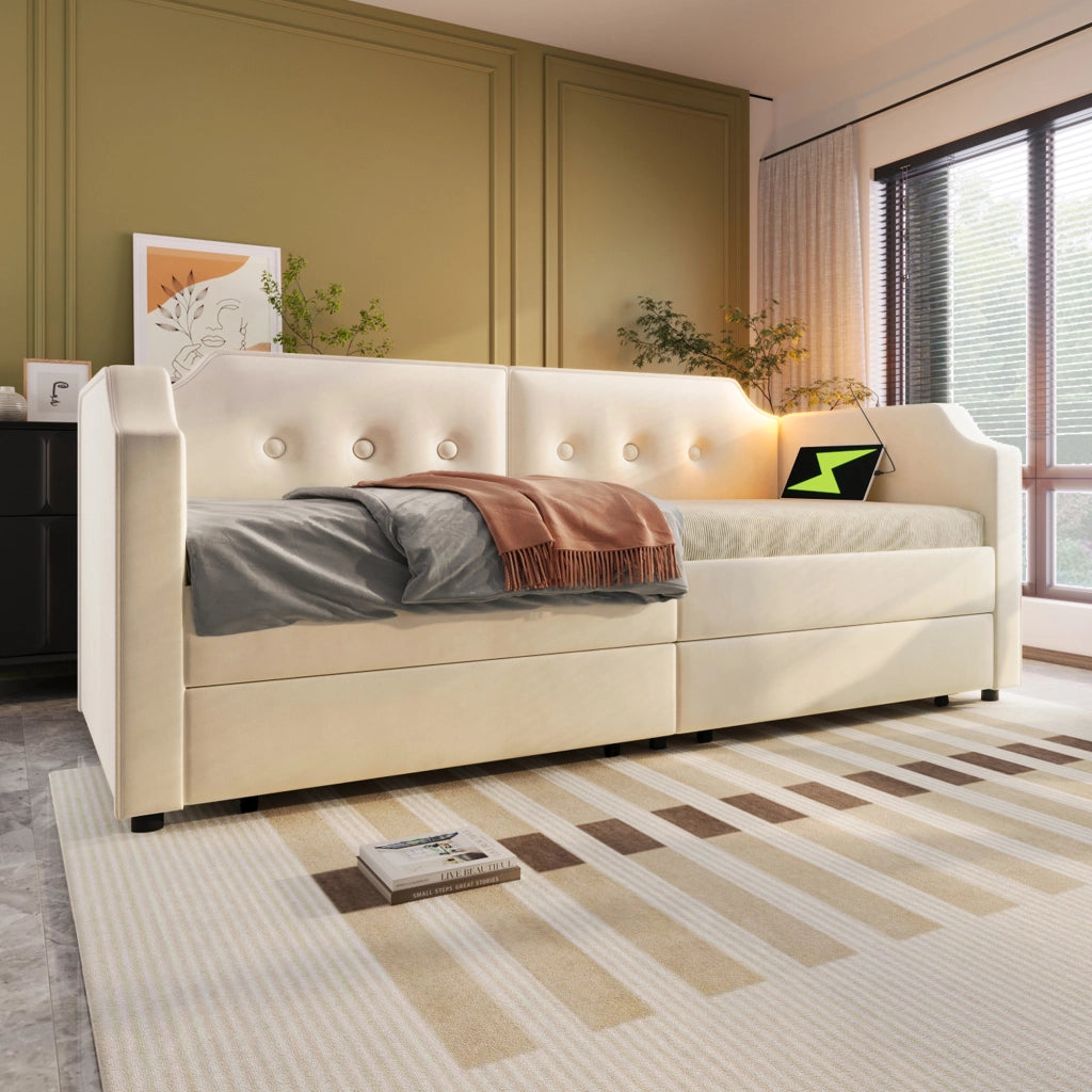 Letto singolo imbottito 90 ¡Á 200 cm in velluto beige con cassetti luce da lettura USB Type-C rete a doghe