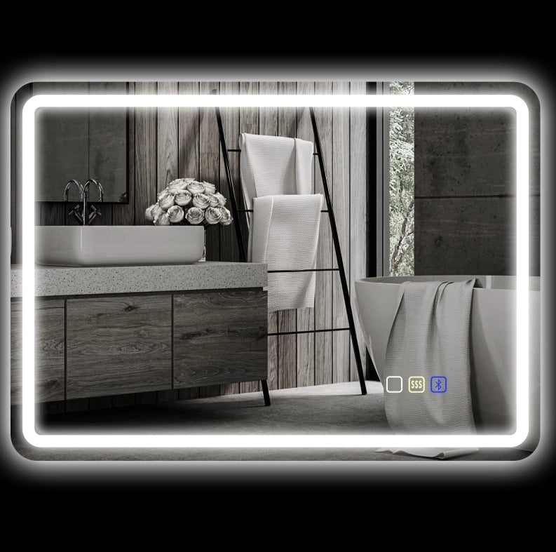 Specchio da bagno LED 50x70 cm con Bluetooth, funzione anti-appannamento, touchscreen e luce regolabile argento