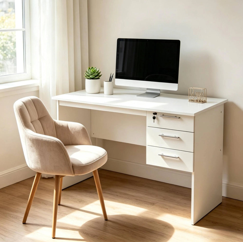 Scrivania da ufficio in legno bianco con 3 cassetti e piano di 120x60 cm