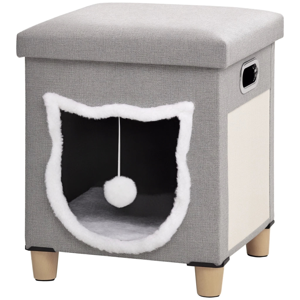 Casetta per Gatti con Tiragraffi, Cuscino e Pallina, in Legno e Poliestere, 35.5x35.5x42.5 cm, Crema e Grigio