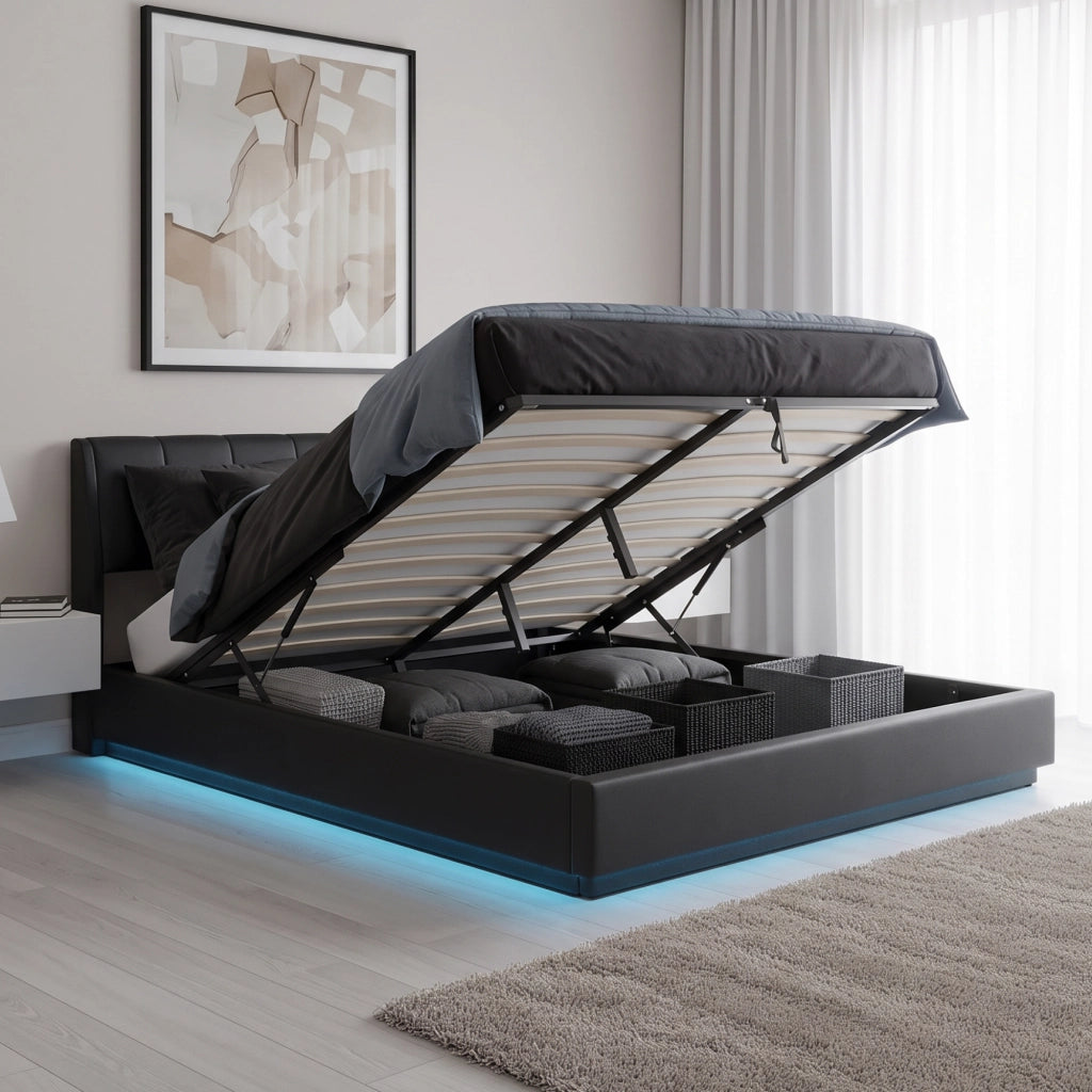 Letto Francese Contenitore Tröstiar a Luce LED con Materasso 140x200 cm - Similpelle Nero [en.casa]