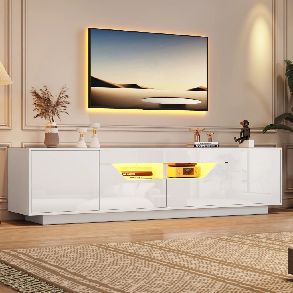 Mobile TV LED con 2 cassetti, 2 ante e 2 vani semichiusi, finitura lucida, per soggiorno, bianco, 180 × 40 × 45 cm