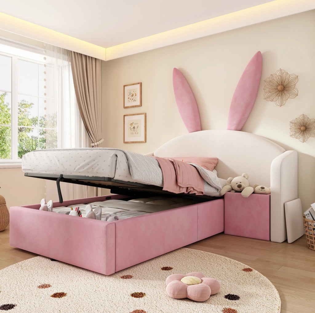 Letto per bambini 90x190 cm in velluto con contenitore e comodino beige e rosa
