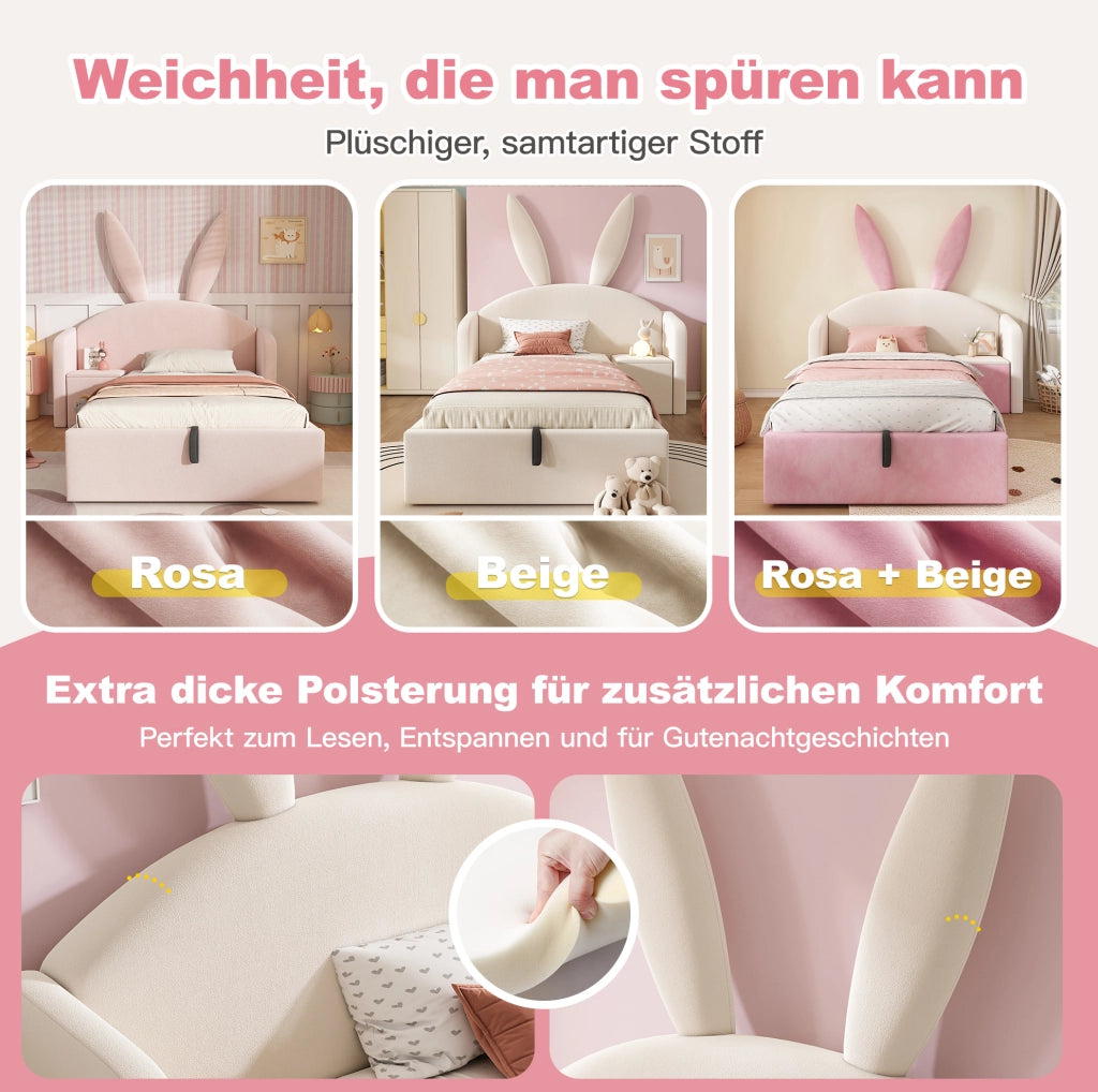 Letto per bambini 90x190 cm con contenitore idraulico e comodino in velluto; beige