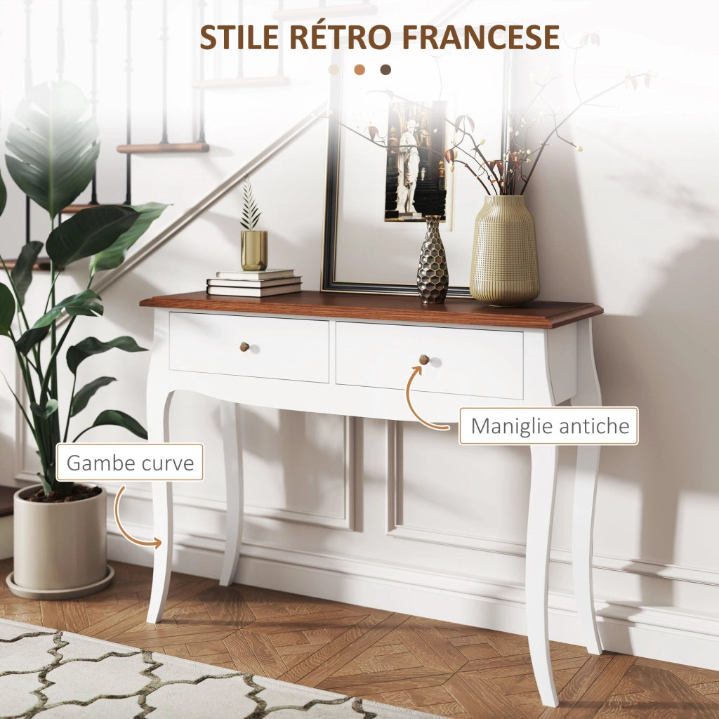 Tavolo Consolle Moderno 100x35x76,5 cm con 2 Cassetti in Legno Bianco e Marrone Scuro