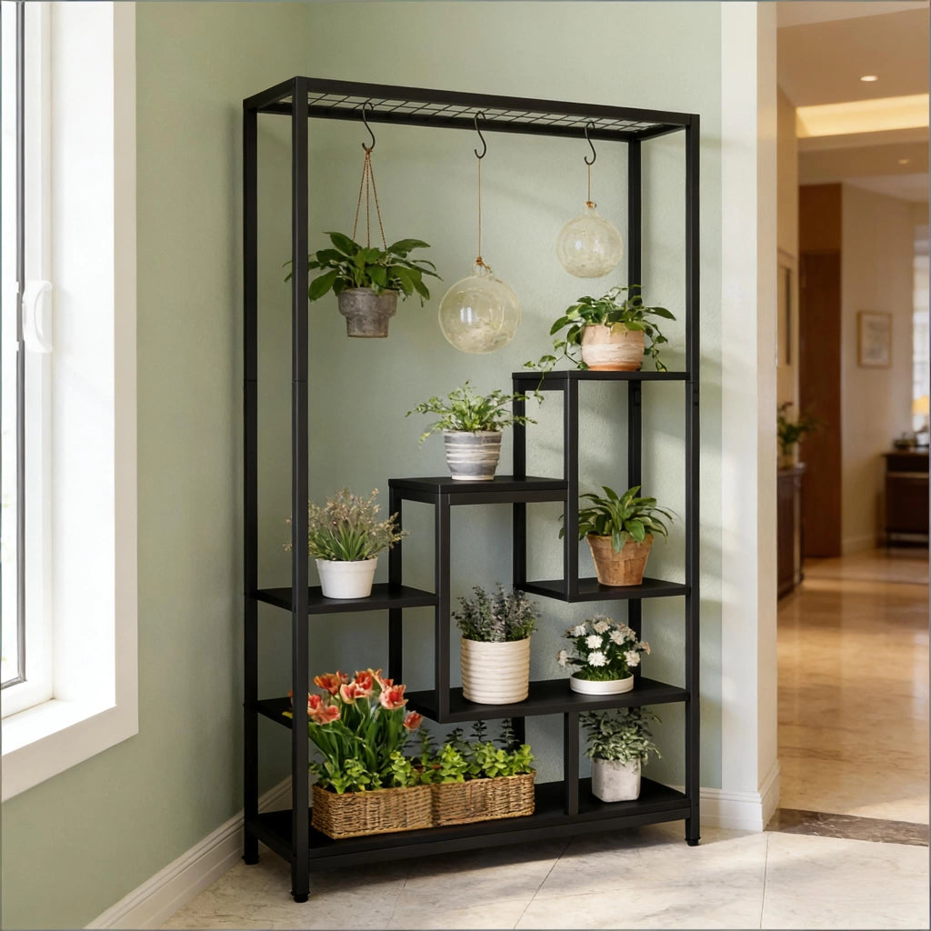 Scaffale con ripiani e ganci per piante; libri e decorazioni; metallo e legno; nero 108×37×19 cm
