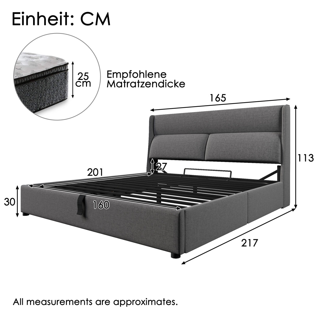 Letto matrimoniale 160x200 cm con testiera regolabile, contenitore idraulico, lino grigio
