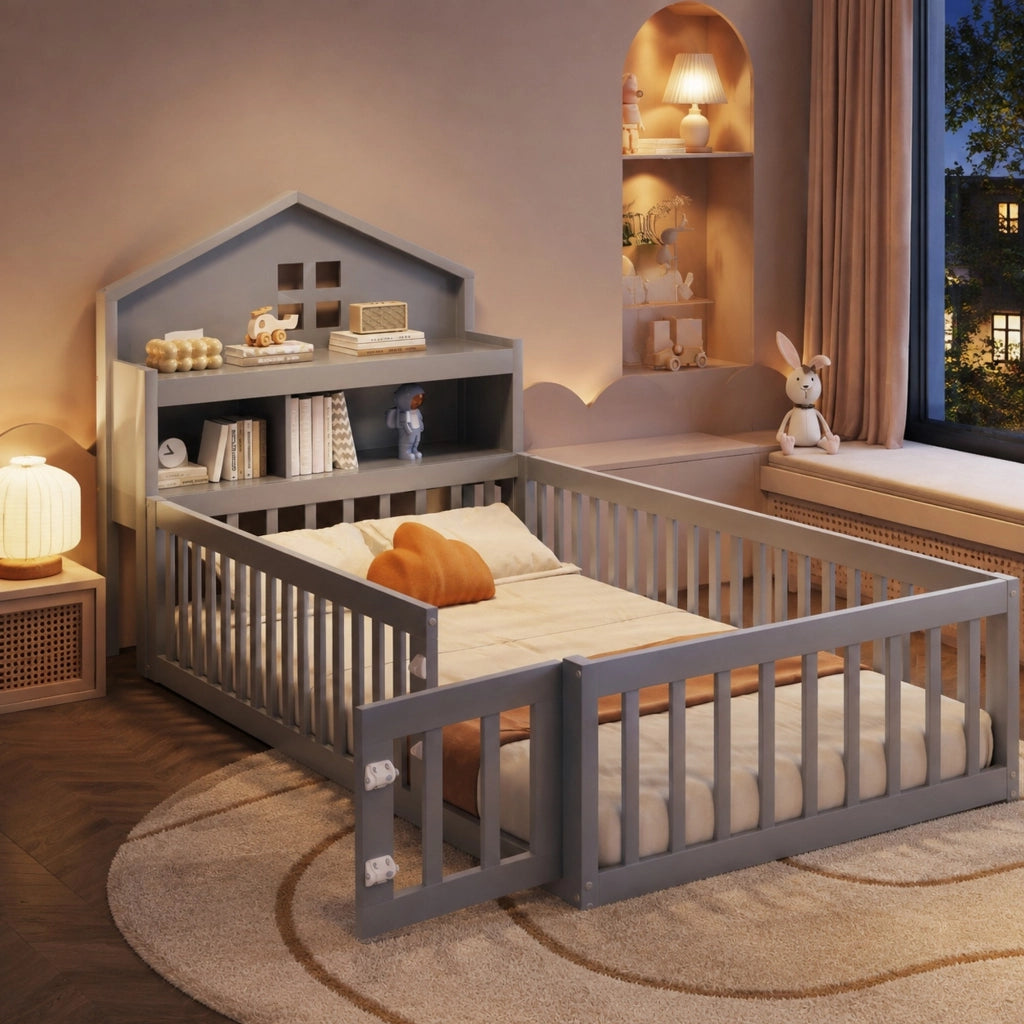 Letto per bambini a casetta 90 × 200 cm in legno grigio con rete a doghe protezione e vani contenitore