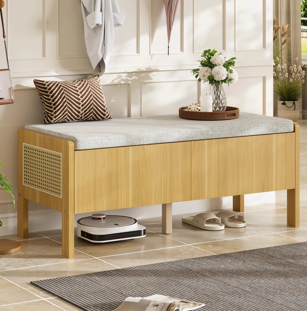Panca contenitore 113 cm in bamb¨´ e MDF con lati in rattan grigio naturale HAVRYA