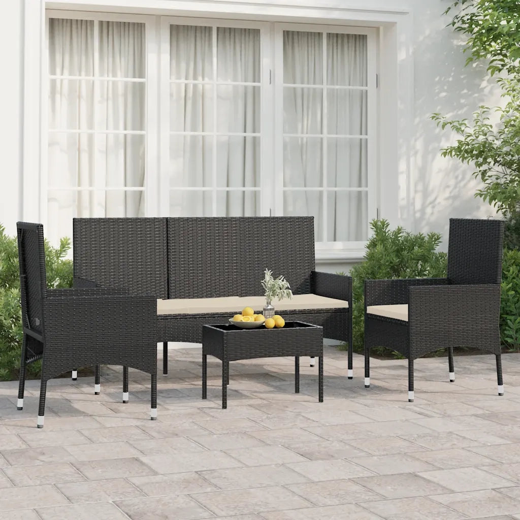 Set Divani da Giardino 4 pz | Set Salotto da Giardino con Cuscini Nero in Polyrattan