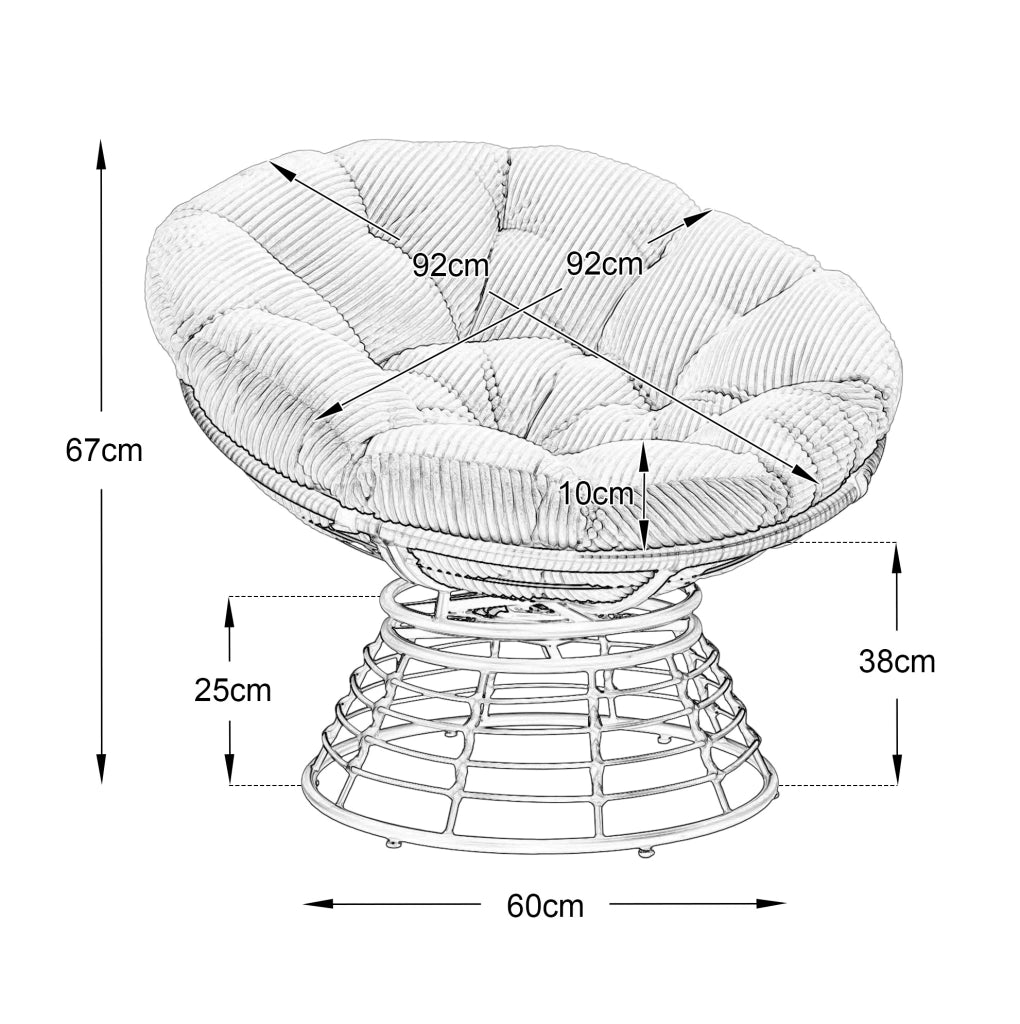 Sedia Papasan Girevole in Rattan Marrone con Cuscino Beige Morbido e Spesso, Struttura in Acciaio, 92 cm, Ideale per Soggiorno e Camera