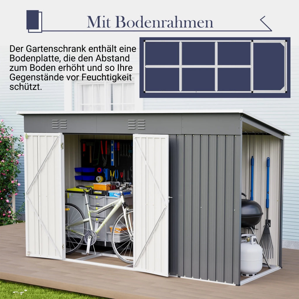 Capanno Attrezzi in Metallo 10x4 FT, Acciaio Robusto con Telaio Rinforzato, Doppia Porta e Ventilazione, Impermeabile per Giardino, Terrazzo e Cortile, Grigio