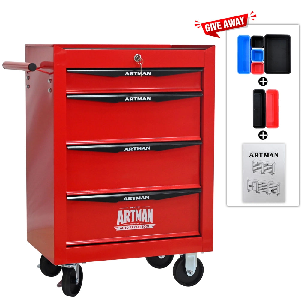 Armadio portautensili in acciaio con 4 cassetti e ruote, 60x33x77,5 cm rosso e nero