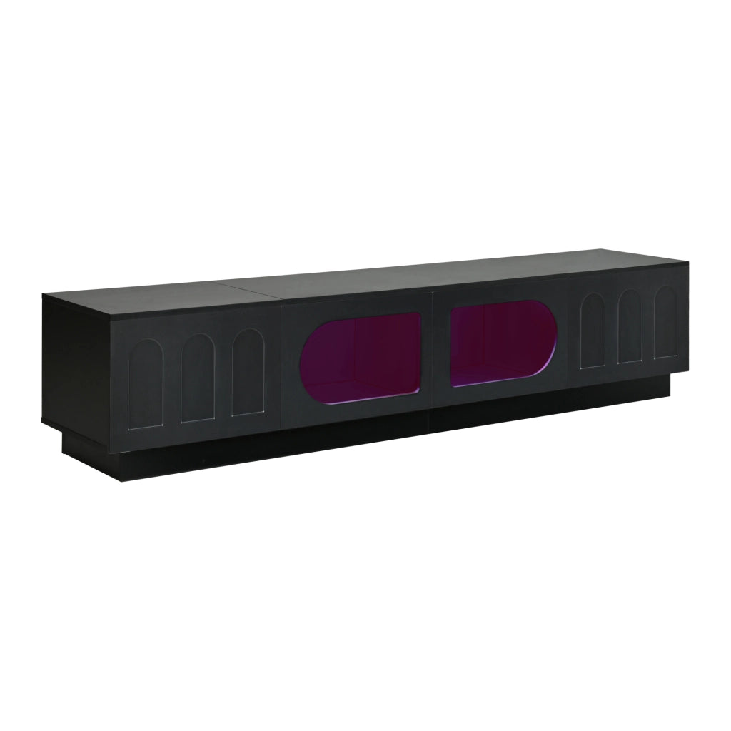 Mobile TV nero 200 x 40 x 42 cm con 4 ante; vetrine ovali LED controllate tramite app