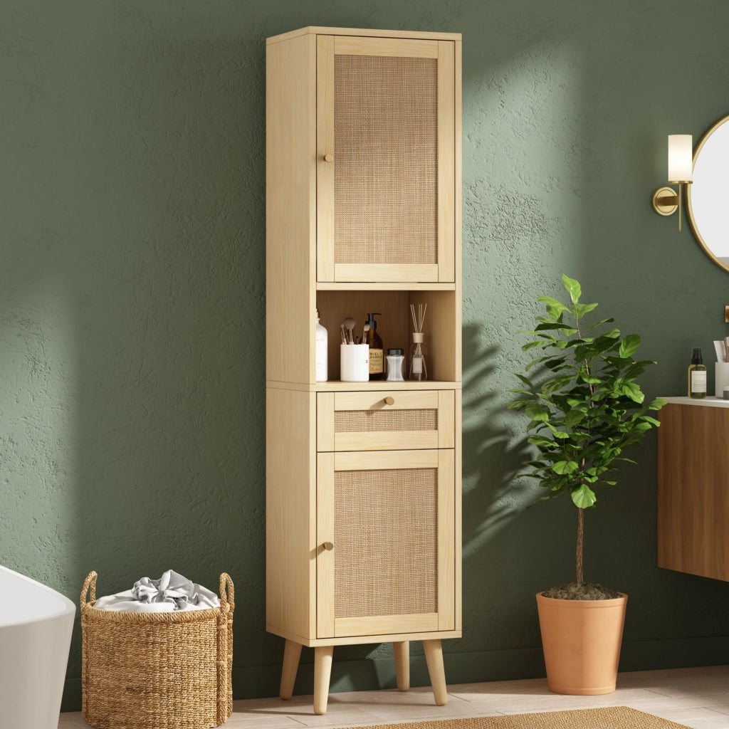Colonna da bagno autoportante con ante reversibili in rattan; cassetto e ripiani aperti color legno naturale 40 × 30 × 166 cm