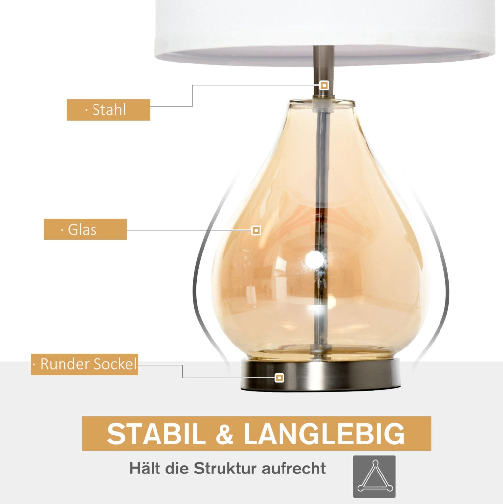 Set di 2 lampade da tavolo con base in acciaio e vetro, paralume in lino bianco, attacco E27, 40W, colore ambra, Ø30 x 56 cm