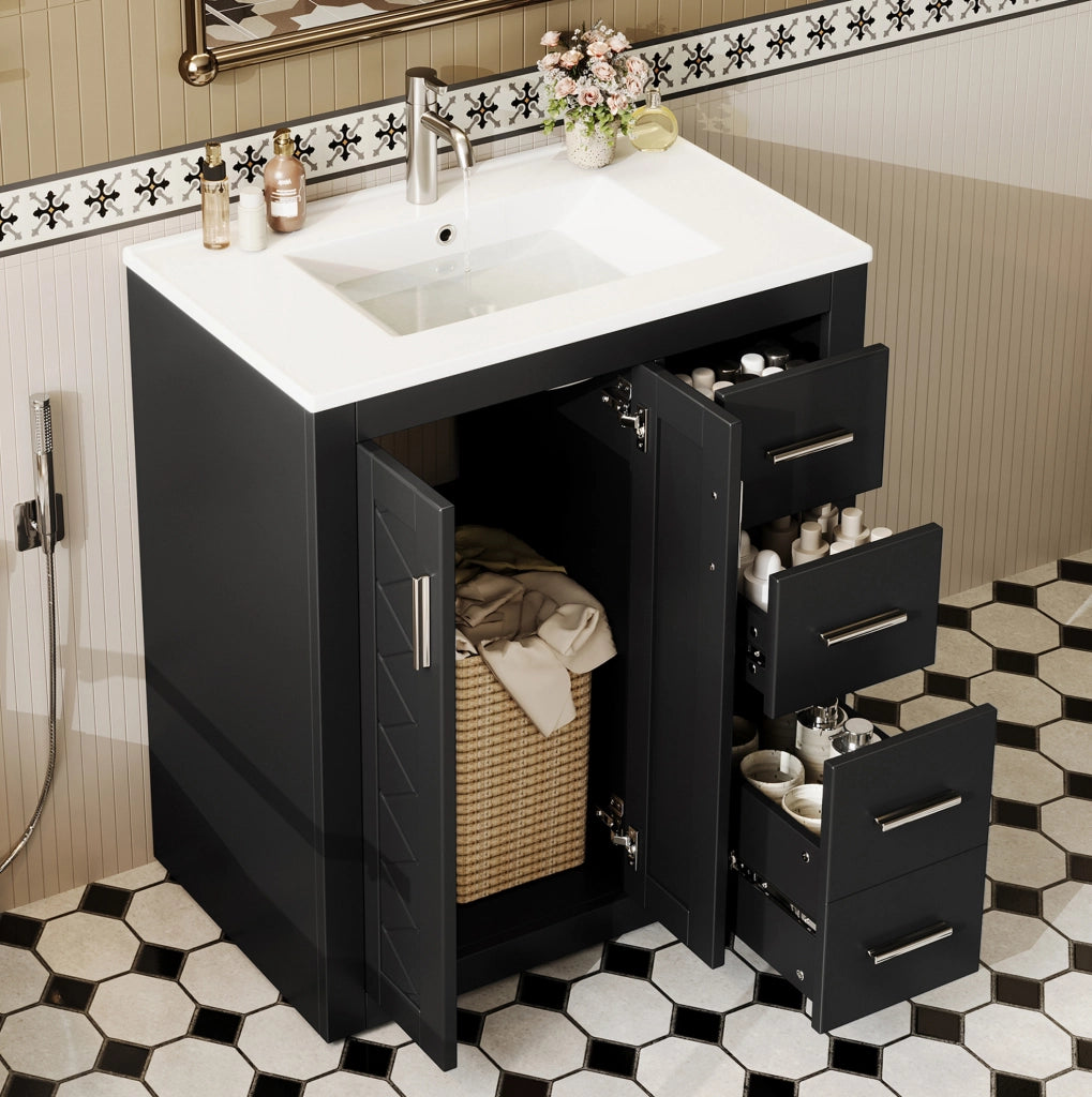 Mobile bagno freestanding 76x46;5x85;5 cm con lavabo in ceramica; 3 cassetti e 2 ante nero HOMVRA