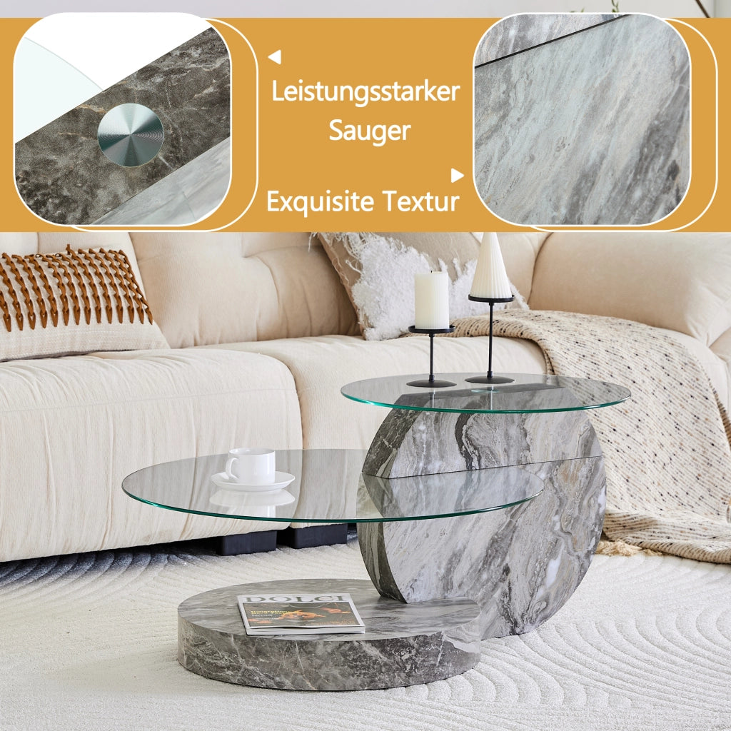 Tavolino basso fisso a due livelli con vetro di sicurezza e base effetto marmo grigio 78.5 × 78.5 × 24.5 cm