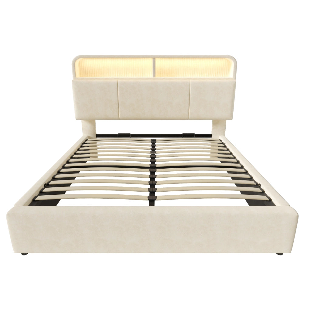 Letto matrimoniale 140x200 con materasso incluso; contenitore idraulico beige