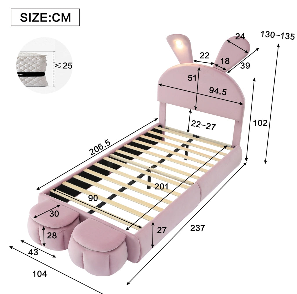 Letto imbottito singolo rosa con orecchie di coniglio e luci LED