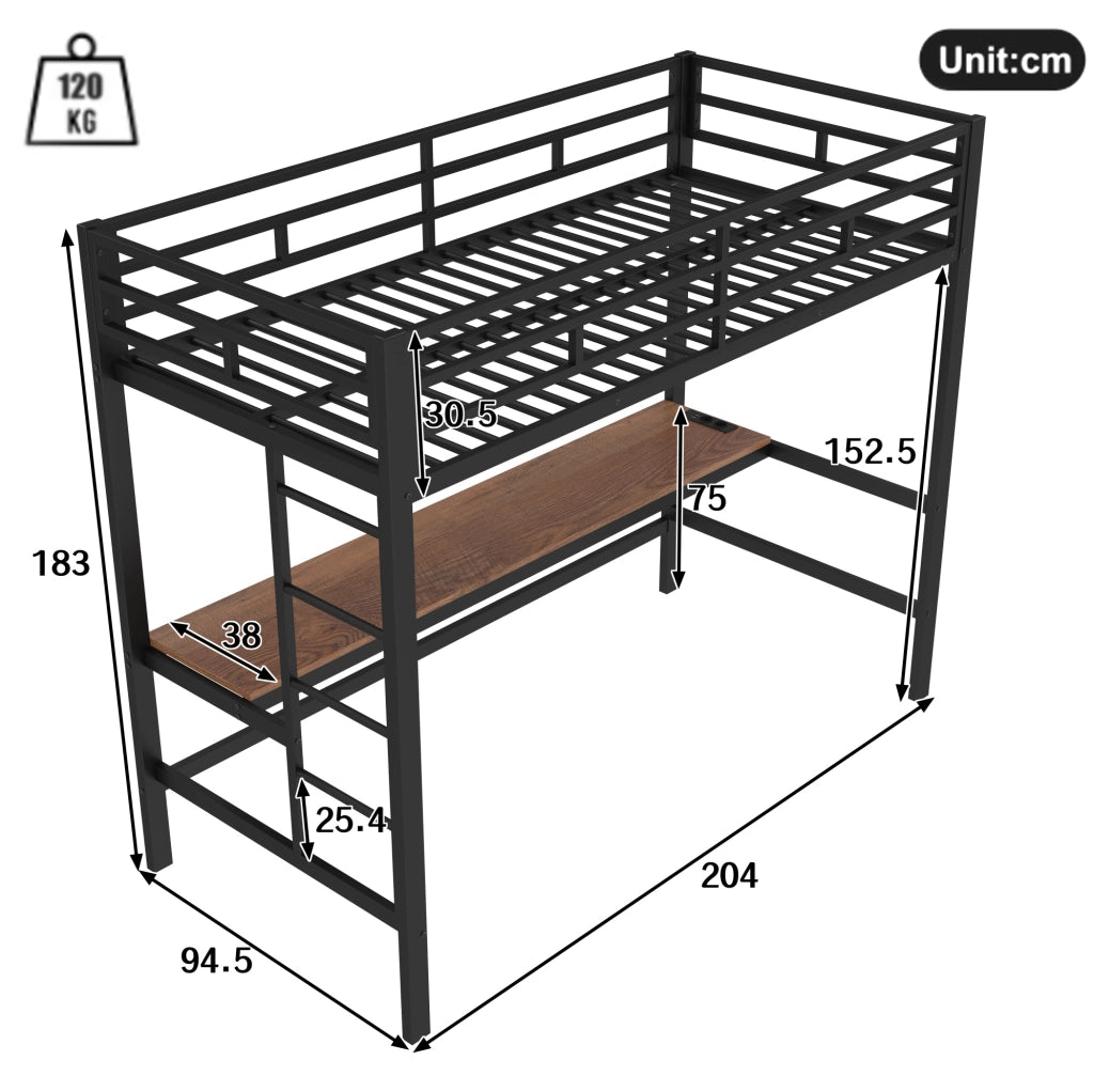 Letto a soppalco ULEVR 90x200 cm con scrivania, LED RGB, prese USB e Type-C, struttura in metallo nero