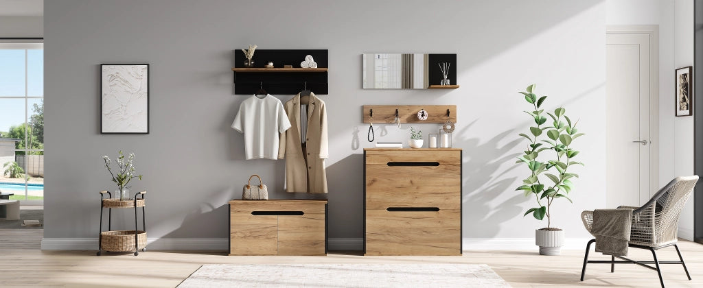 Set guardaroba con armadio, cassetto, specchio, 2 scarpiera, cappelliera e 4 ganci, scarpiera con panca, nero e legno, 156 x 36 x 176 cm