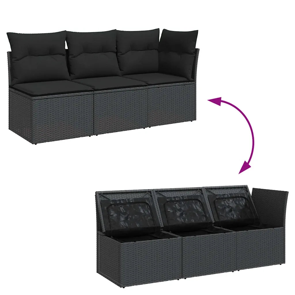 Divano da giardino con cuscini 3 posti nero in polyrattan 365987