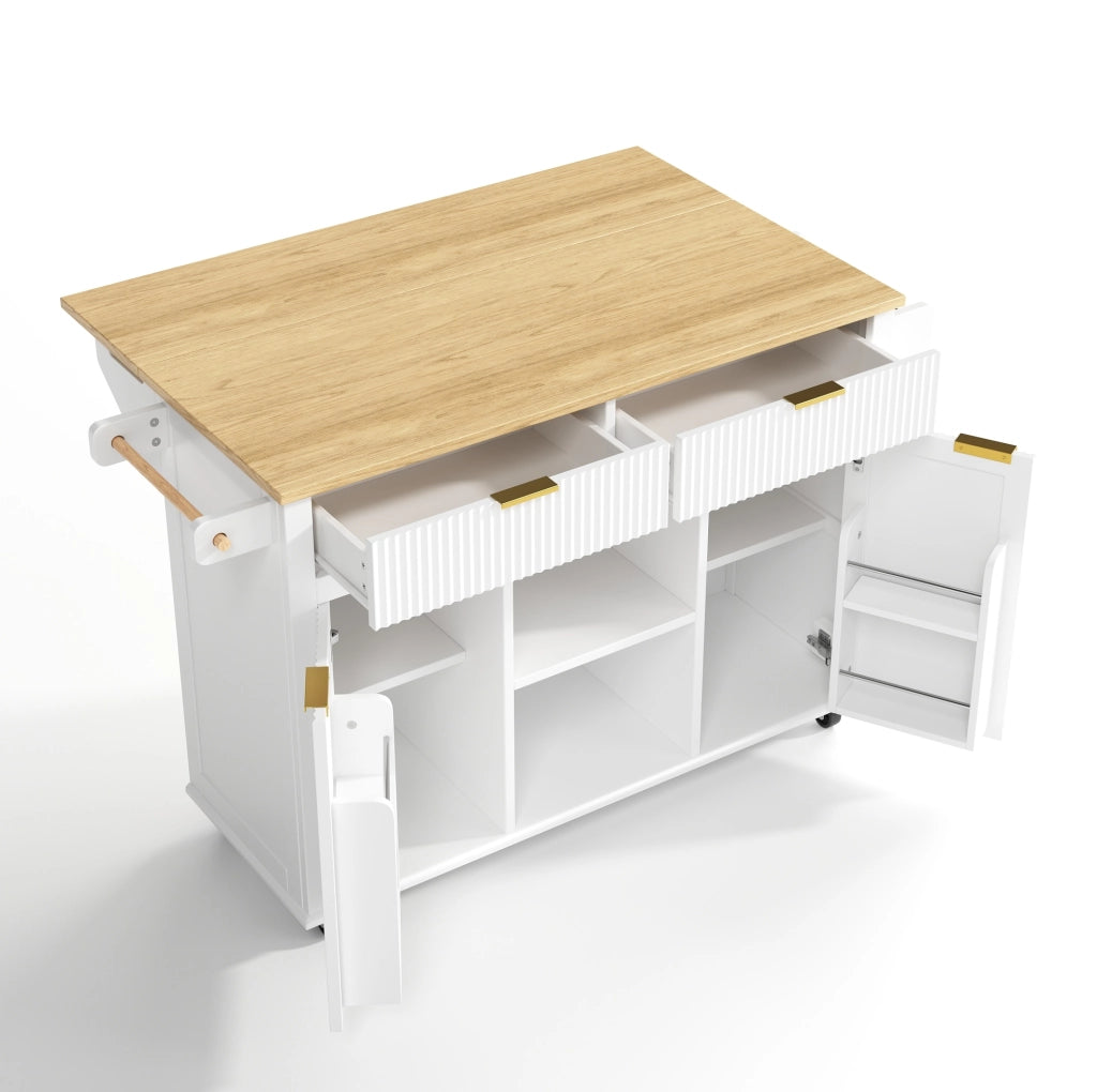 Isola da cucina ULEVR 143x45x89,5 cm su ruote con piano pieghevole, 2 cassetti e 2 ante, bianco e naturale