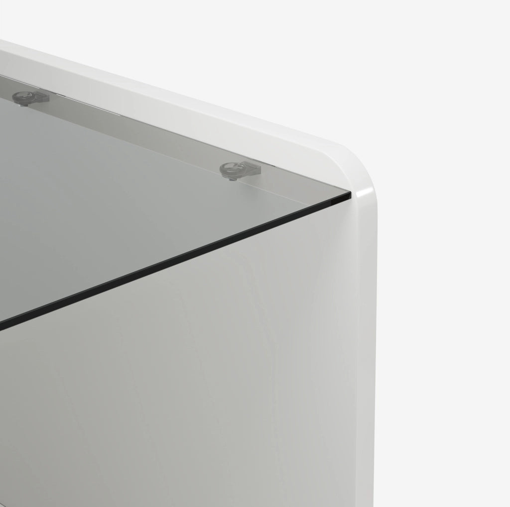 Tavolino Bianco Lucido con Piano in Vetro Temperato, LED e Spazio di Archiviazione, Altezza Regolabile