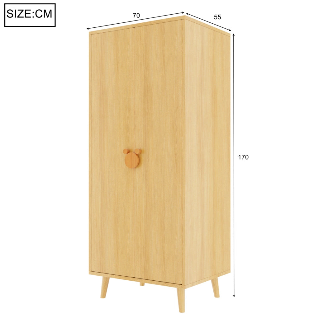 Armadio a Due Ante con Ampio Spazio di Stoccaggio, Maniglie Cartoon e Piedini Rialzati, Legno, 70×55×170 cm