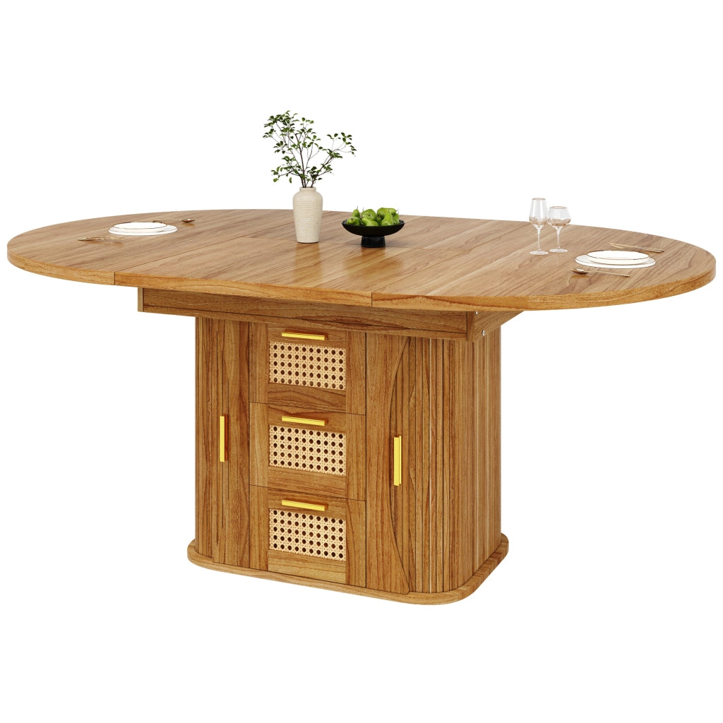 Tavolo da pranzo allungabile con cassetti in rattan, MDF effetto legno, 118-158 cm, nero/naturale/marrone