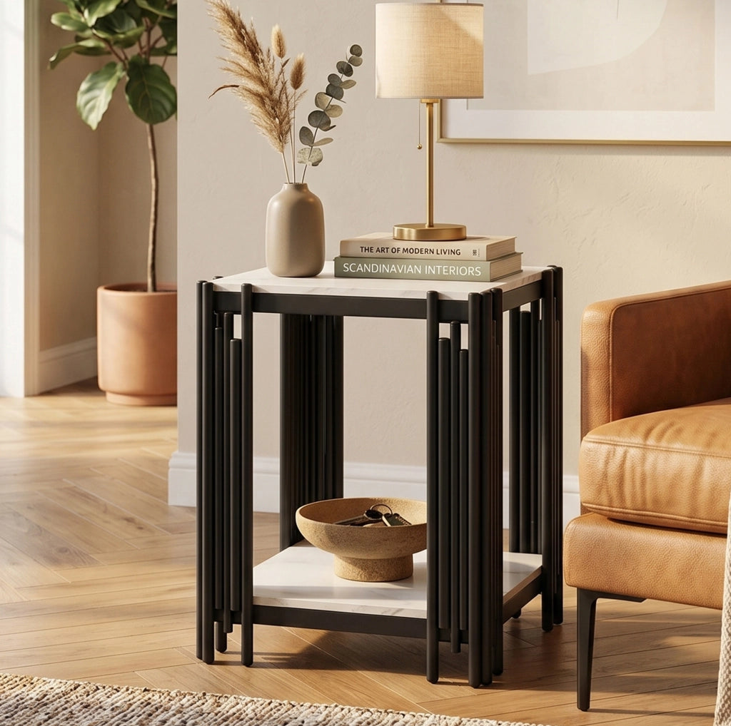 Comodino a 2 ripiani in MDF effetto marmo bianco e nero