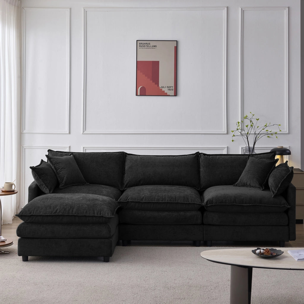 Divano angolare modulare a L 3 posti con pouf; in ciniglia premium; 267 cm; nero