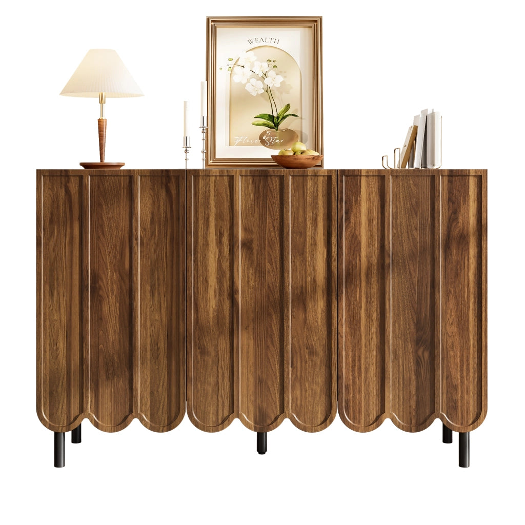 Credenza con ante ondulate, apertura a pressione e ripiani regolabili, per soggiorno, in MDF noce, 120 × 35 × 80 cm