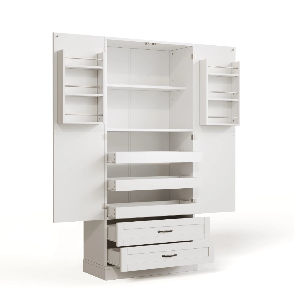 Credenza da cucina alta con 3 ripiani estraibili, 2 cassetti e ripiano regolabile, bianca in MDF, 80 × 37,5 × 180 cm