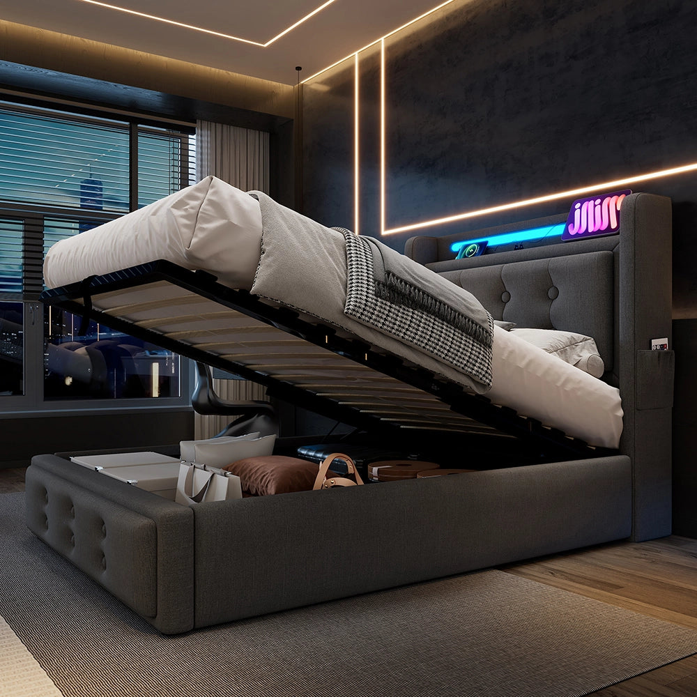 Letto a cassone per adulti - Xylo - 90x200 cm - Grigio - Testiera LED con USB C e rete a doghe