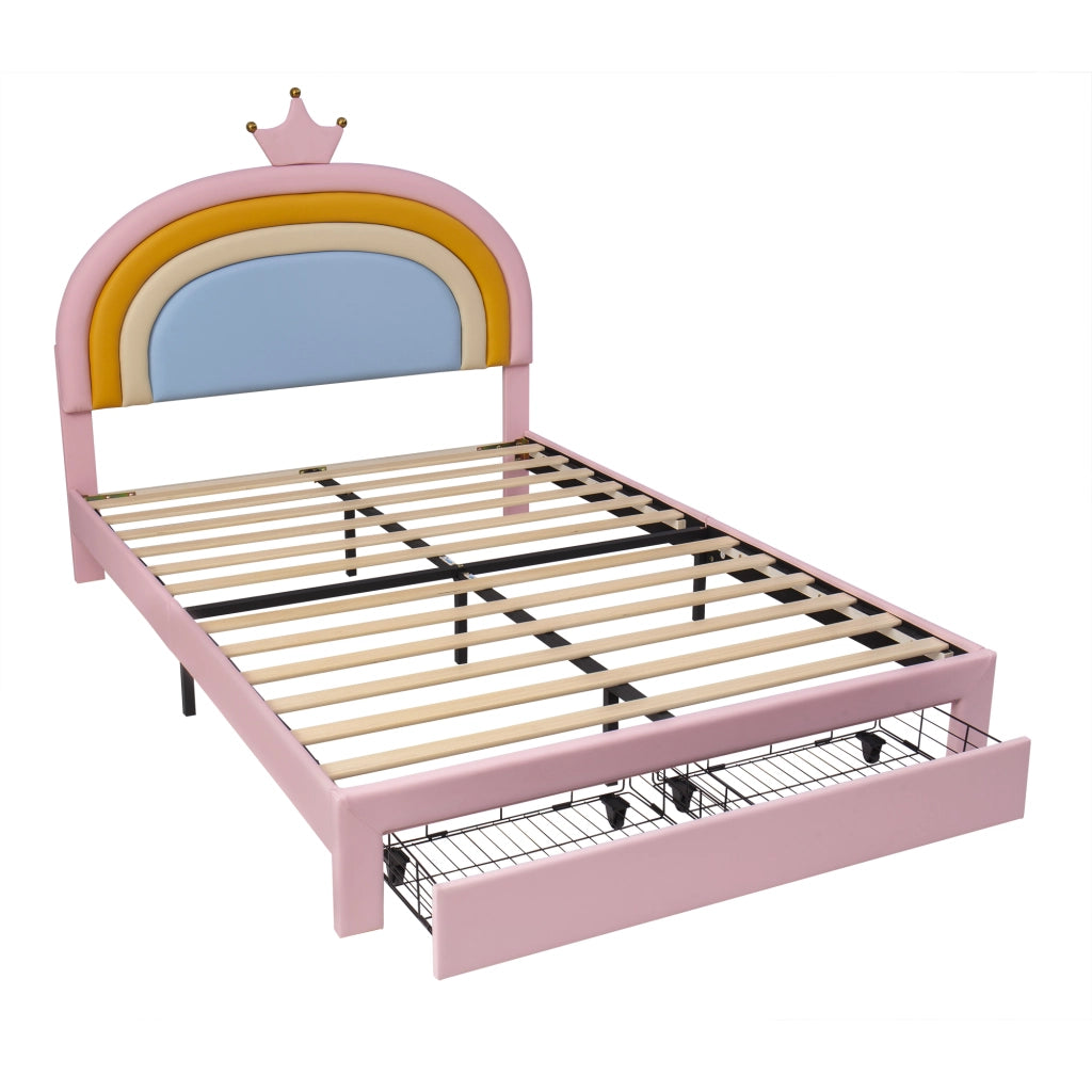 Letto per bambini 140 × 200 cm con 2 cassetti e testiera regolabile, senza materasso, con rivestimento in PU rosa