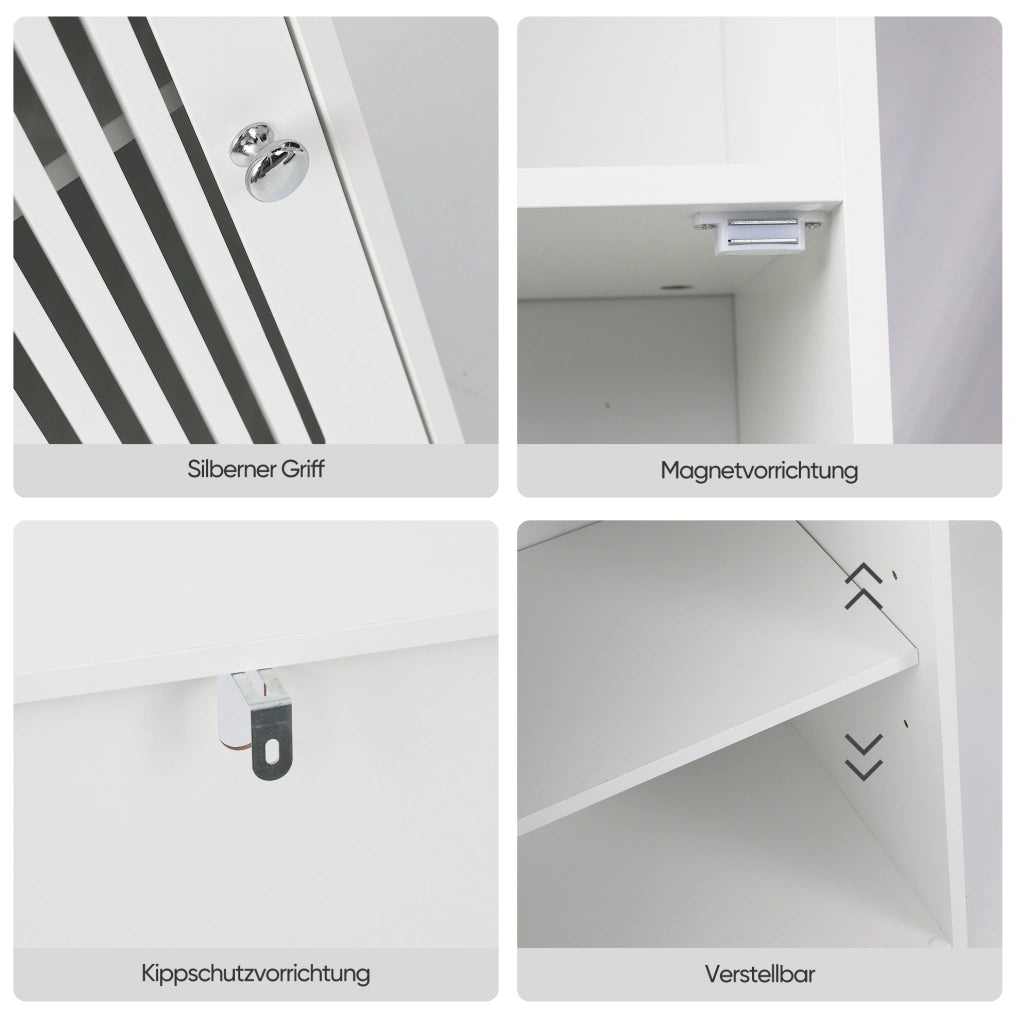 Mobile bagno bianco con ante a persiana, più ripiani, struttura in MDF resistente all'umidità