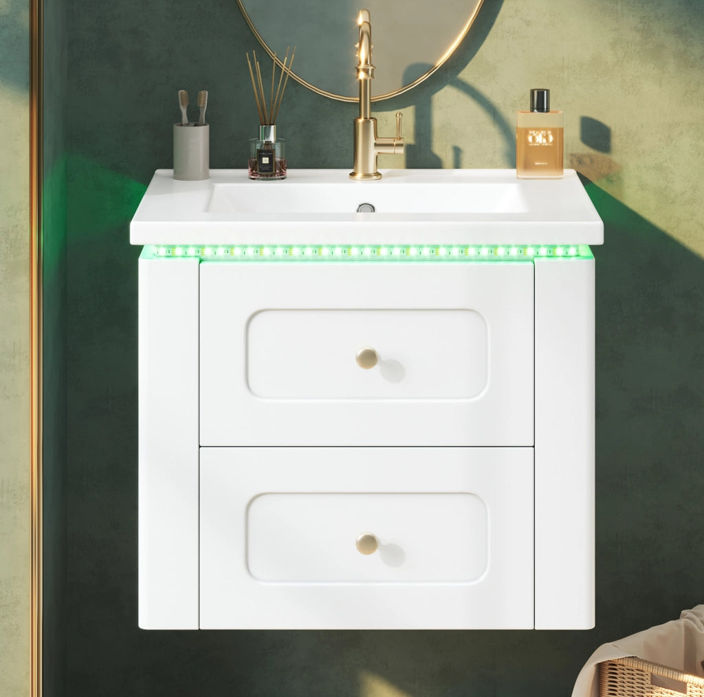 Mobile bagno sospeso 61 cm con lavabo in ceramica, LED e cassetti bianco