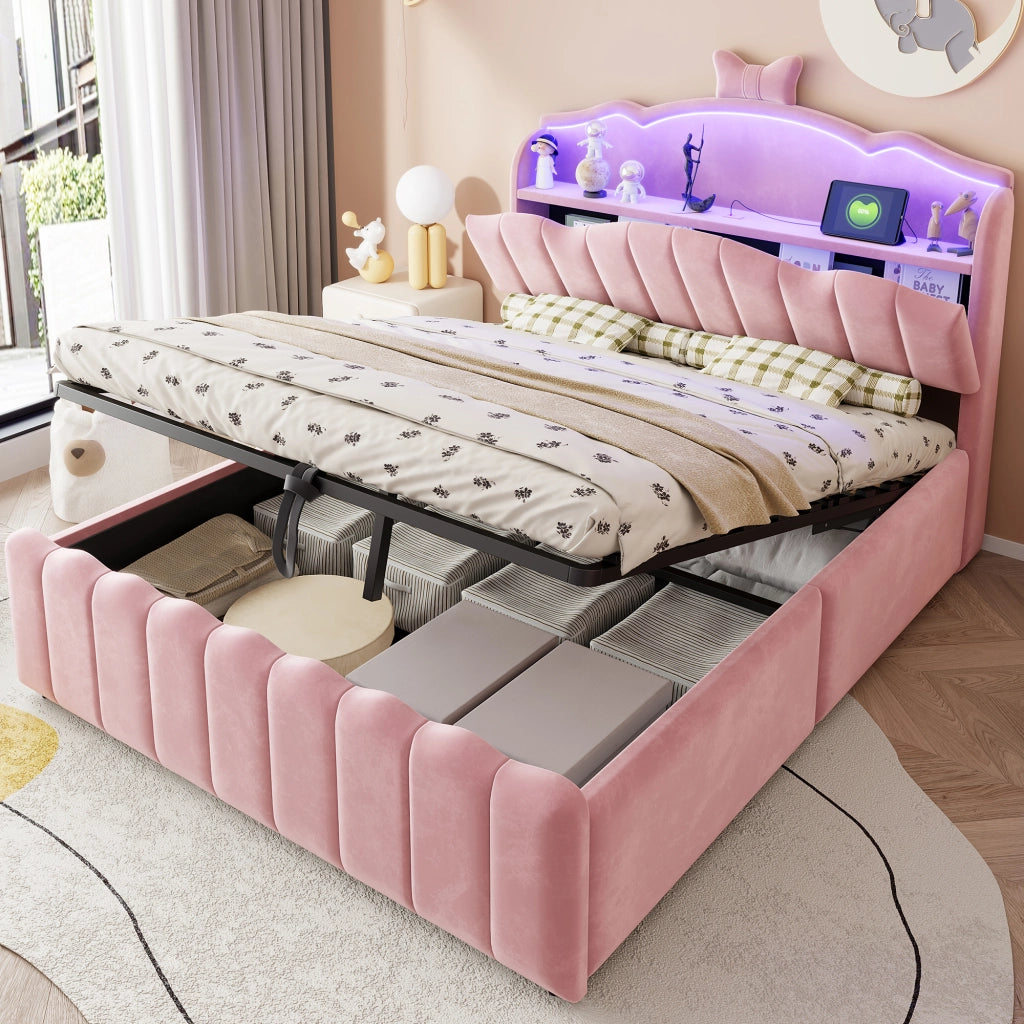LETTO imbottito 140x200 cm in velluto rosa con contenitore