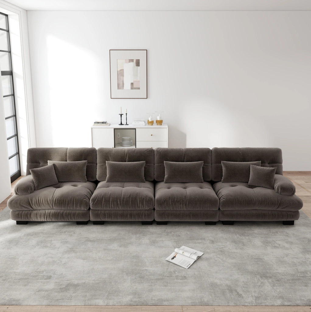 Divano angolare modulare 406x77x81 cm in ciniglia marrone, seduta profonda