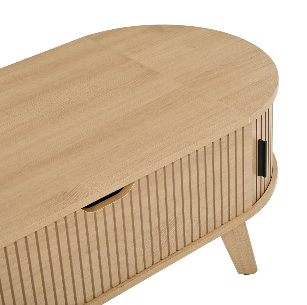 Tavolino da salotto ovale 110x50 cm con piano sollevabile e ante scorrevoli naturale HOMVRA