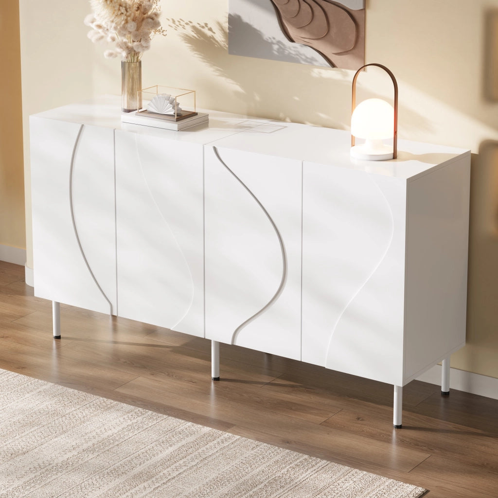 Credenza bianca con ante curve 3D 140 cm senza maniglie MDF e pannello truciolare