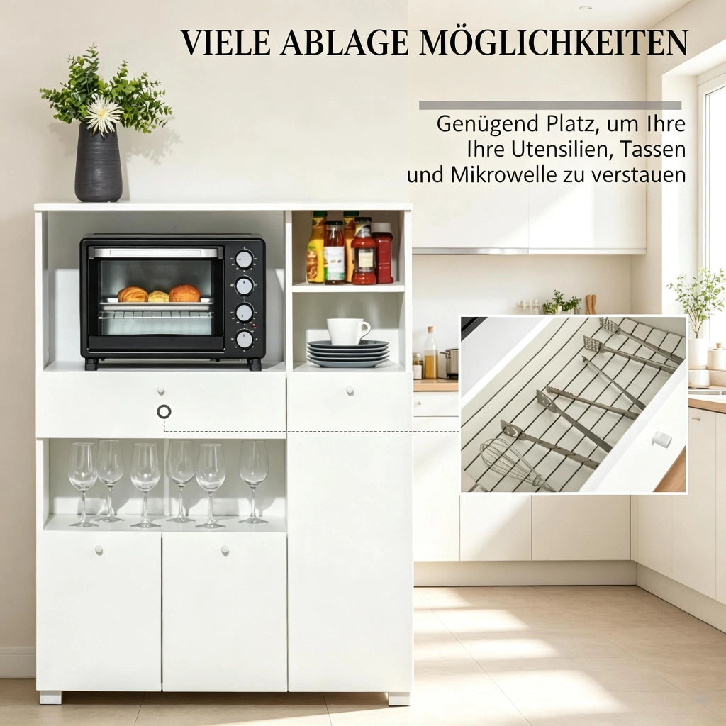 Cassone da cucina con vano per microonde; 3 ante; cassetto e 4 nicchie in truciolare bianco 90 × 40 × 120 cm