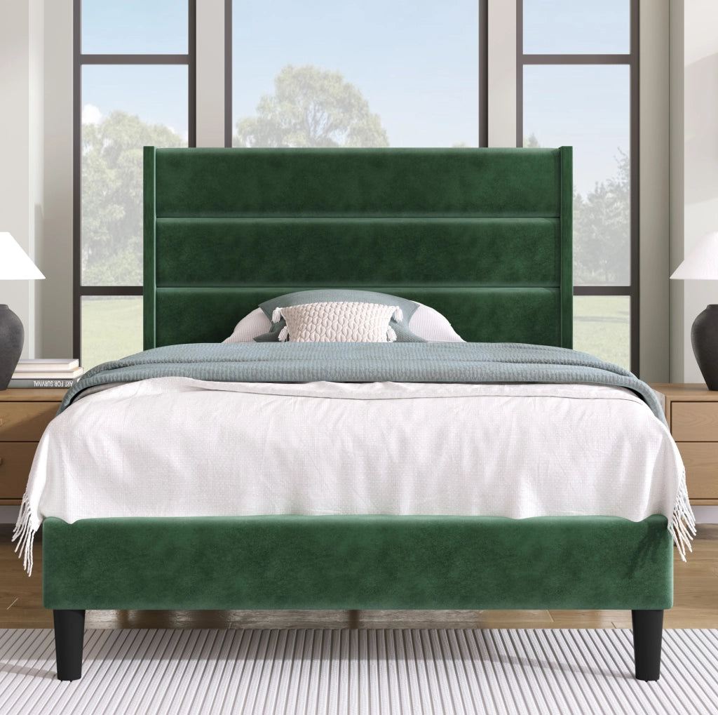 Letto imbottito 90x200 cm con rete a doghe e testiera in velluto verde scuro YEAVIO