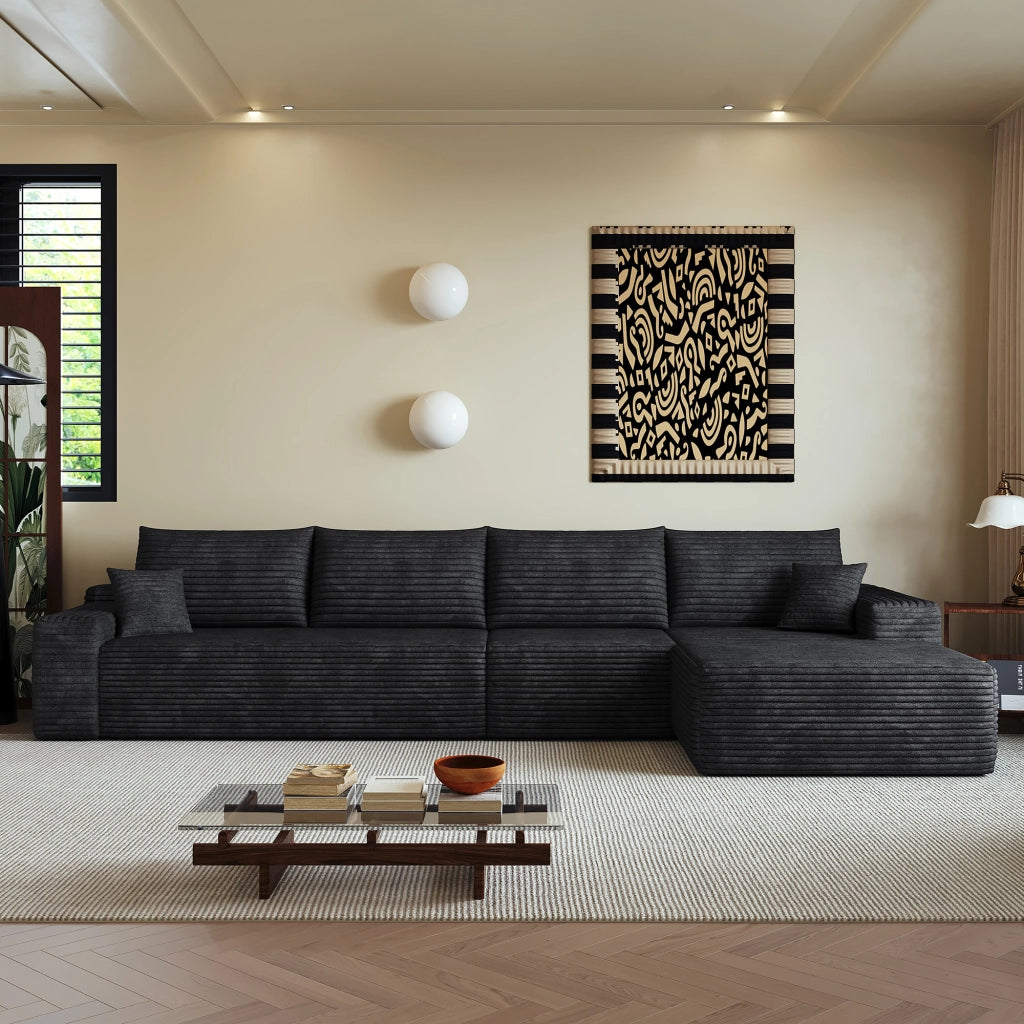 Divano angolare modulare con chaise longue e seduta profonda, senza montaggio, in tessuto a coste nero